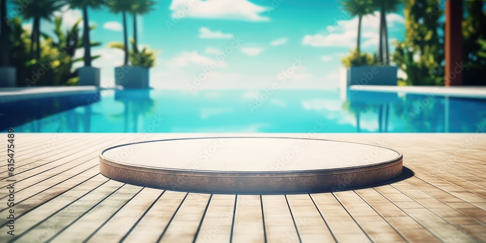Empty poolside surface with summer travel hotel swimming pool background