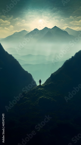 A lone person standing on top of a mountain, a picture. Generative AI illustrations