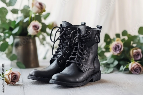 Luxury glamour woman`s boots. Super photo realistic background, generative ai illustration.