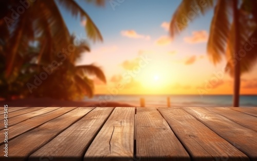 Empty wooden table top product display showcase stage. Tropical summer sunset beach bar