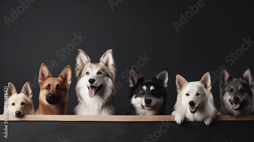 Grupo decachorros  fofos em torno de um cartaz em branco