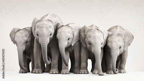 Grupo de bebês elefantes fofos em torno de um cartaz em branco
