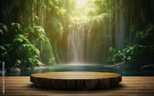 Empty wooden table top product display showcase stage. Tropical jungle and waterfall background