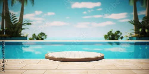 Empty poolside surface with summer travel hotel swimming pool background © Tisha