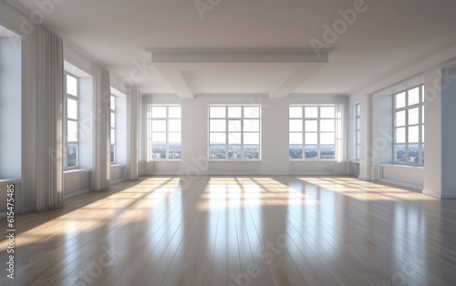 empty white modern light apartment with big windows
