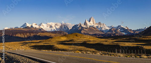 Panorama of Andes mountain range around Fitz Roy and Cerro Torre in Los Glaciares Park, Patagonia