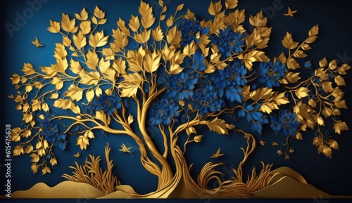 Elegant gold and royal blue floral tree with seamless leaves and flowers hanging branches