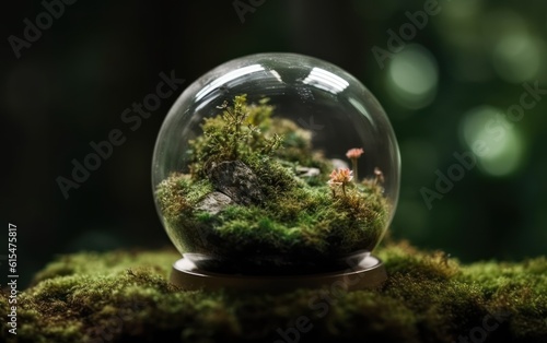 Crystal globe putting on moss with environment icon, Save world