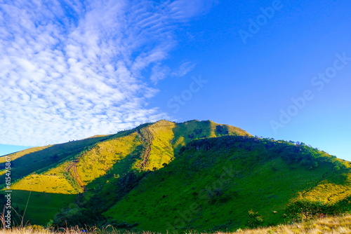 beautiful landscape on mountain top with green forest and blue sky © Risaa