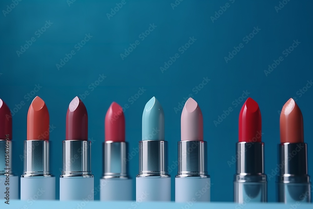 Obraz premium lipsticks, row, blue background, lipsticks, row, blue background, cosmetics, beauty, makeup, fashion, lipstick shades, lipstick colors,