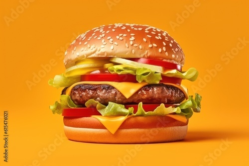 Big beautiful juicy burger with meat and vegetables. big hamburger on yellow background photo