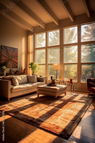 Architectural photography of a modern living room, the sun shines through the window, professional color grading, soft shadows, no contrast, clean sharp focus, film photography. AI generative