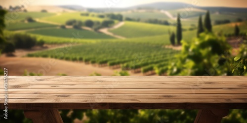 An empty wooden table for product display. blurred french vineyard in the background