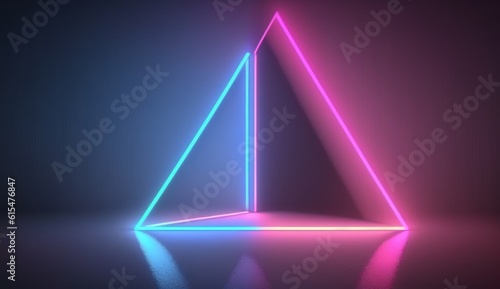 abstract minimal background with simple geometric shape. Triangle placed in the corner, glowing with pink and blue neon light in the dark