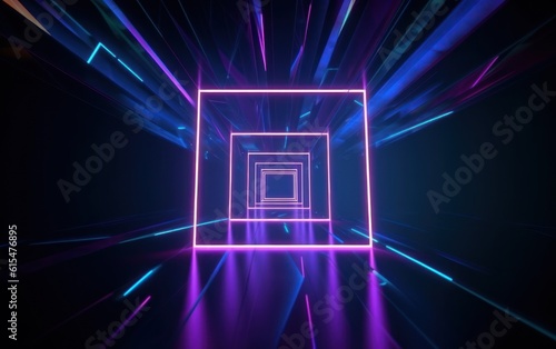 abstract geometric neon background with glowing square frame. Laser linear shape inside the dark tunnel
