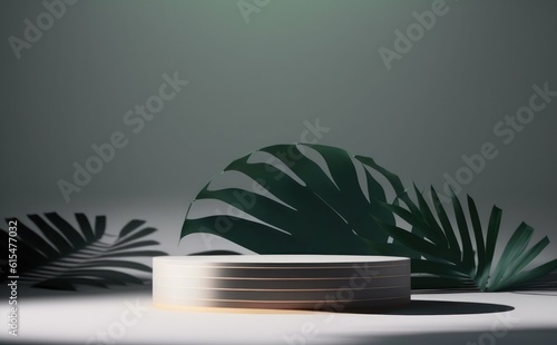 abstract modern minimal white background with golden rings, empty pedestal and palm leaf shadow. Vacant minimalist fashion podium. Trendy showcase with empty platform for product displaying © Tisha