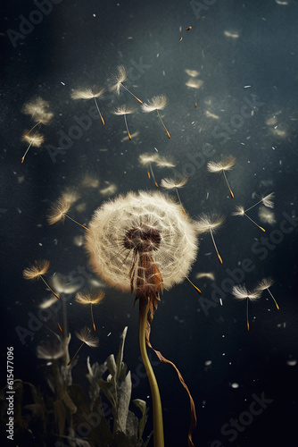 Dandelion seeds  tumbling through the air. AI generative