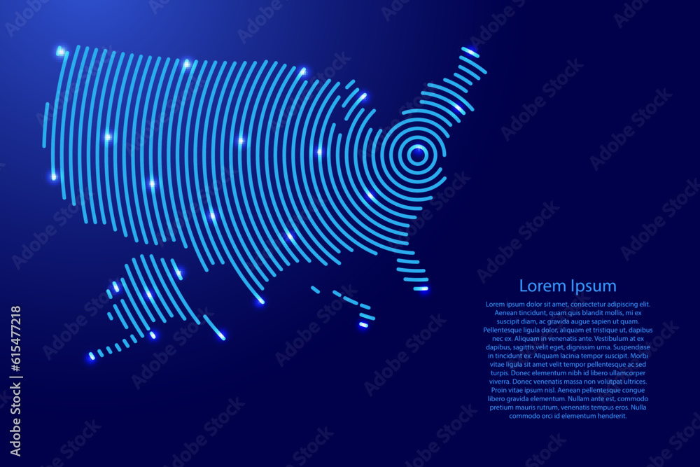 USA, United States of America, map from futuristic concentric blue circles and glowing stars for banner, poster, greeting card USA, United States of America, map from futuristic concentric blue circles and glowing stars for banner, poster, greeting card