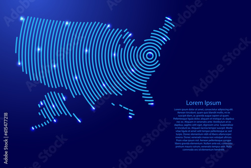 USA, United States of America, map from futuristic concentric blue circles and glowing stars for banner, poster, greeting card