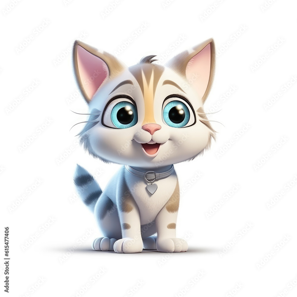 Playful Whiskers: Cute Adorable Cartoon Cat on White Background Generative AI
