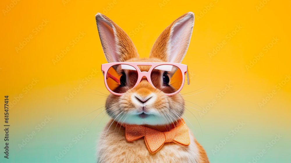 Portrait photo of rabbit wear sunglasses.