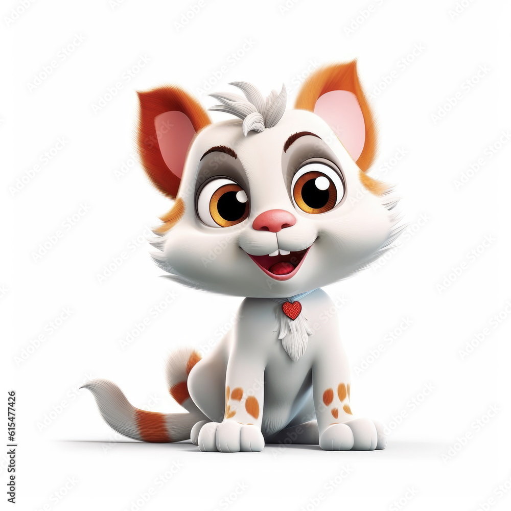Playful Whiskers: Cute Adorable Cartoon Cat on White Background Generative AI