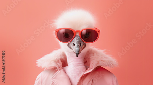 Portrait photo of baby flamingo wear sunglasses