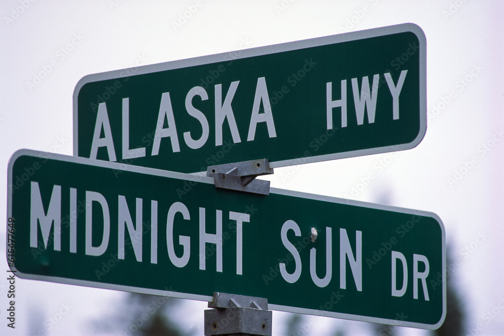 Crossroads of Alaska Highway and Midnight Sun Drive, Alaska, USA; Alaska, United States of America Crossroads of Alaska Highway and Midnight Sun Drive, Alaska, USA; Alaska, United States of America
