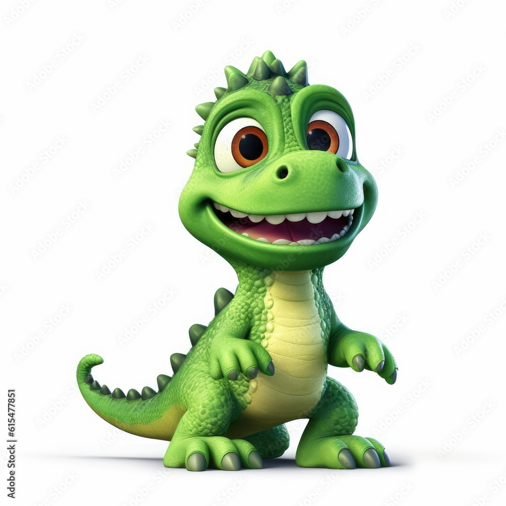Fototapeta premium Cute Adorable 3D Cartoon Baby Dinosaur on White Background Generative AI