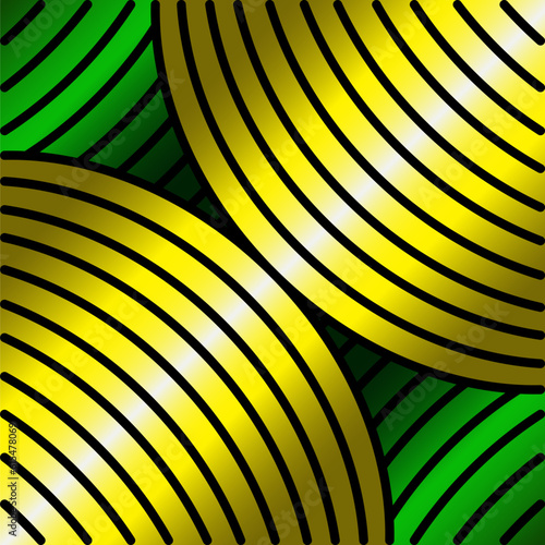Segments of 2 circles with gold surface and background are parts of green circles.