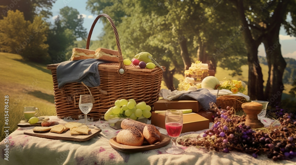 Picnic in a scenic location complete with a wicker basket filled with delectable treats and a checkered blanket, Generative AI