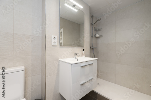 Wallpaper Mural Small, modern bathroom with walk-in shower, frameless mirror on the wall Torontodigital.ca