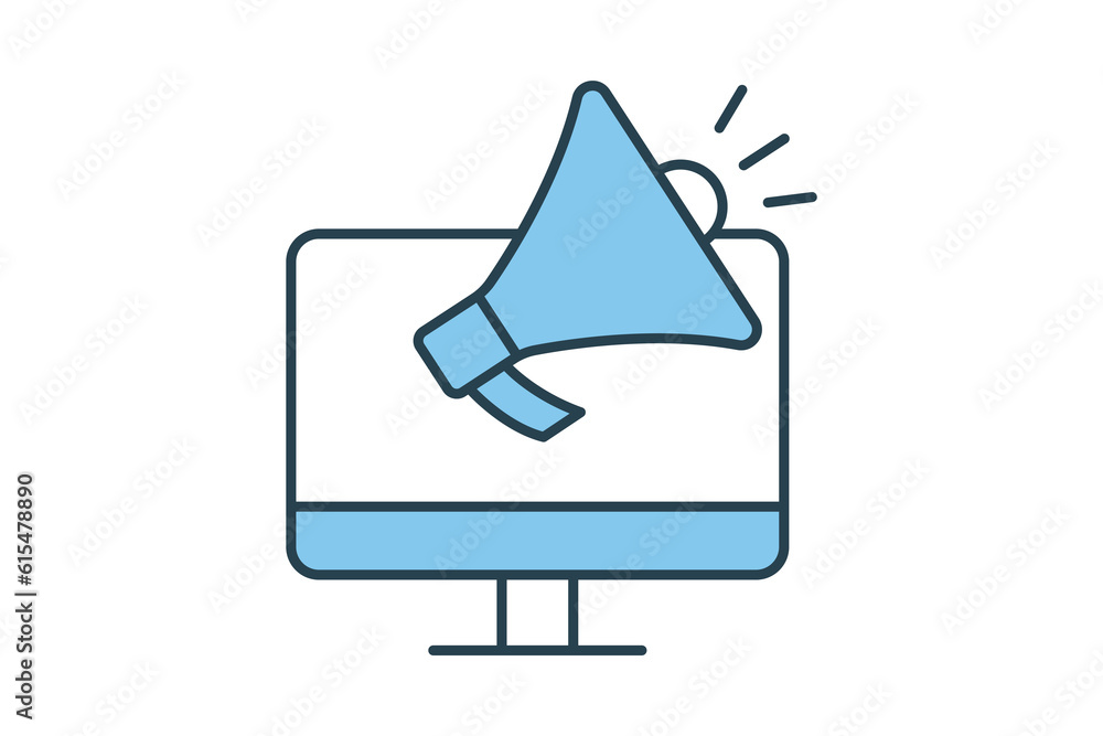 Digital marketing icon. Monitor screen with megaphone. Flat line icon style design. Simple vector design editable Digital marketing icon. Monitor screen with megaphone. Flat line icon style design. Simple vector design editable