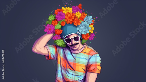 homem cômico com bigode e flores coloridas na cabeça 