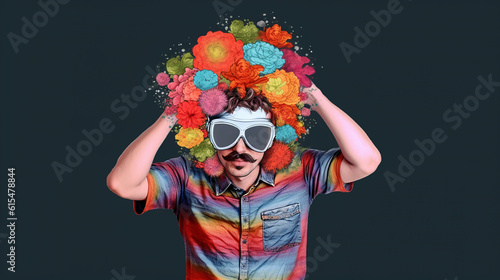 homem cômico com bigode e flores coloridas na cabeça 