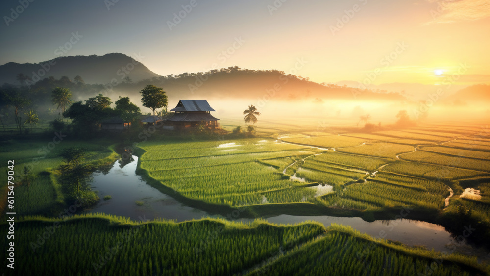 A photograph of a breathtaking rice field landscape, captured during sunrise
