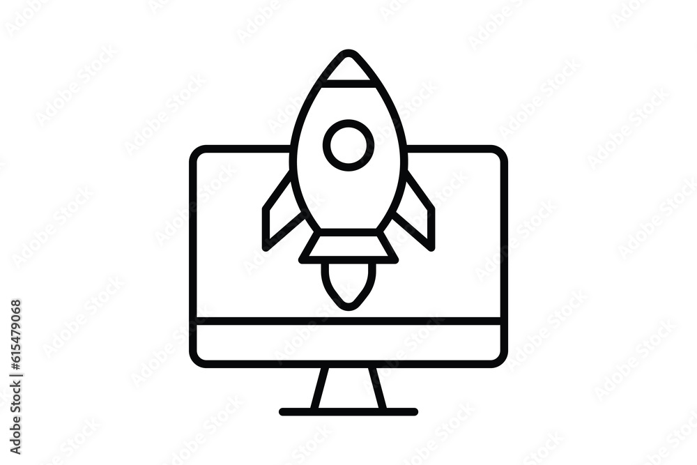 SEO icon. Rocket start up with computer. icon related to digital marketing. Line icon style design. Simple vector design editable SEO icon. Rocket start up with computer. icon related to digital marketing. Line icon style design. Simple vector design editable