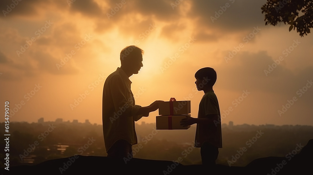 silhueta de pai recebendo caixa de presente do filho, feliz dia dos pais, amor e carinho com o papai 