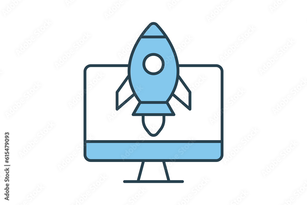 SEO icon. Rocket start up with computer. icon related to digital marketing. Flat line icon style design. Simple vector design editable SEO icon. Rocket start up with computer. icon related to digital marketing. Flat line icon style design. Simple vector design editable