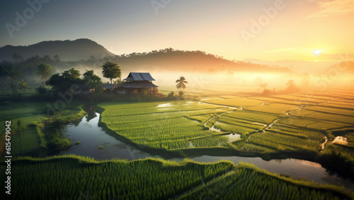 A photograph of a breathtaking rice field landscape, captured during sunrise