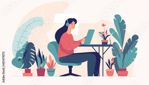 Woman Working at home. Vector flat style illustration. Online career. Young woman freelancer working on computer or laptop at home. Remote work