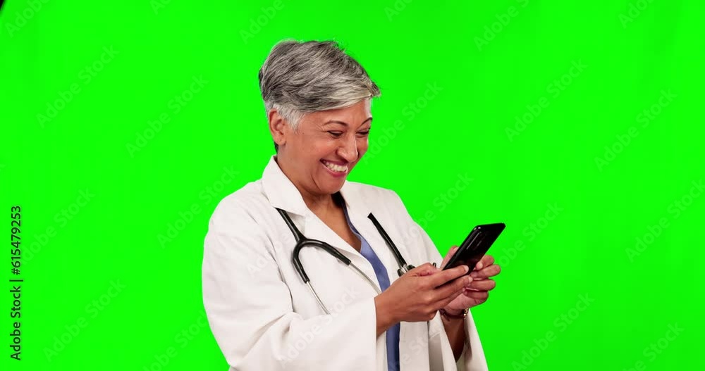 Doctor, woman and phone with laughing by green screen with meme, comic post or video on web in mockup. Senior female medic, smartphone or happy for chat, comedy or crazy joke on social network app Doctor, woman and phone with laughing by green screen with meme, comic post or video on web in mockup. Senior female medic, smartphone or happy for chat, comedy or crazy joke on social network app