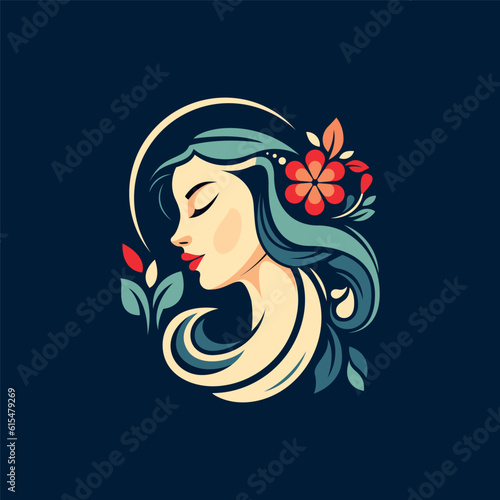 beautiful art nouveau lady with nice hair and flower illustration