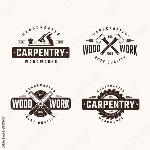 Set of carpentry, woodworking, lumberjack, sawmill service monochrome vector logo templates isolated on white background
