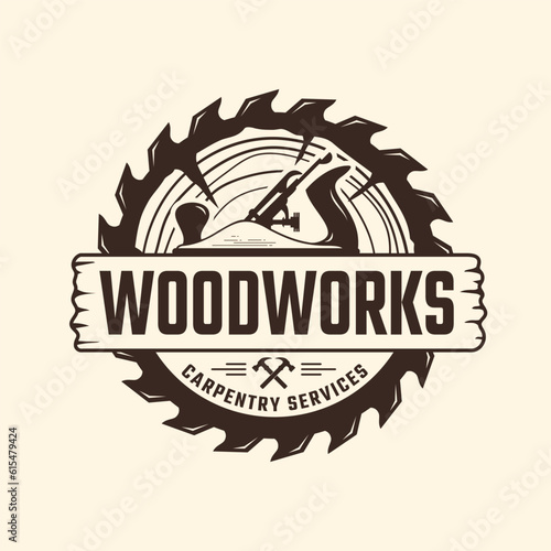 carpentry, woodworking, lumberjack, sawmill service monochrome vector logo template isolated on white background