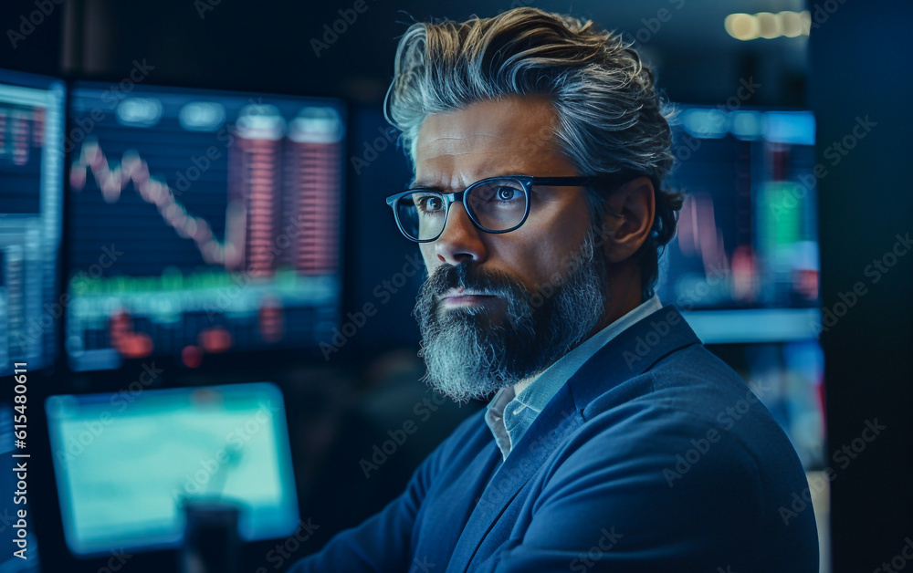 A stock trader is concentrated in front of the multi - screens that display stock market trends A stock trader is concentrated in front of the multi - screens that display stock market trends