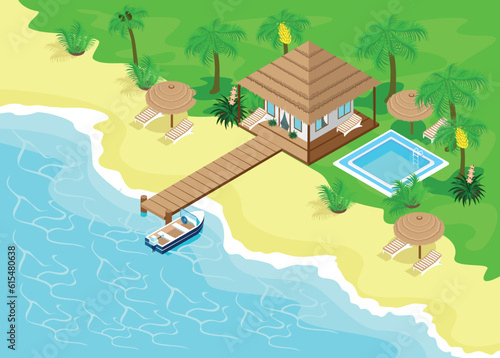 Isometric bungalow located on a tropical green beach with sand palm trees and a long pier and a boat moored in the blue beautiful sea. Vector illustration.