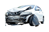 Front and side of white car get damaged by accident on the road. damaged cars after collision. isolated on transparent background, PNG file
