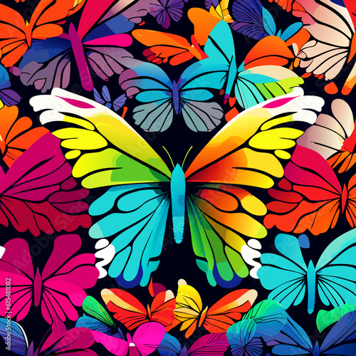 Seamless pattern with colorful butterflies on black background. Vector illustration.