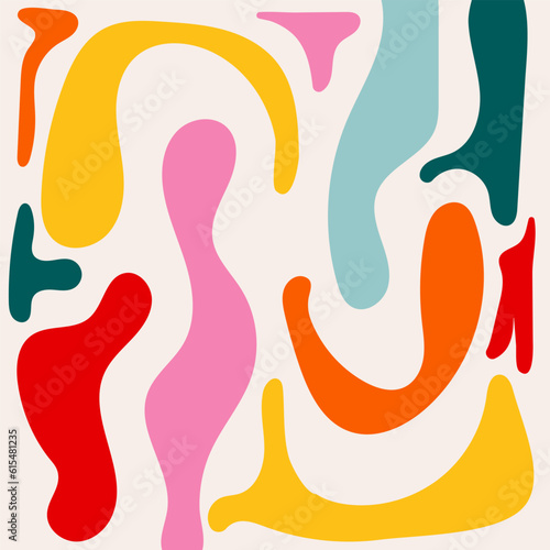 Aesthetic artistic pattern. Colorful hand drawn organic shapes, doodles and childish scribble on beige background. Vector trendy design for social media post, flyer, banner. Matisse style art backdrop